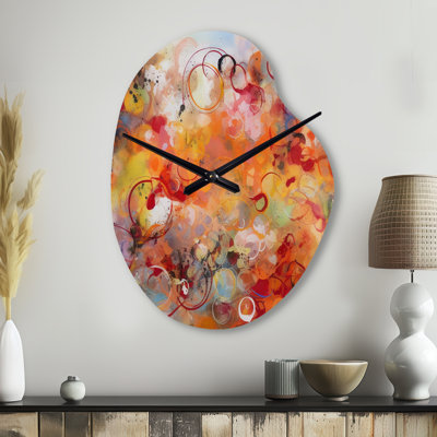 Orange rouge marbré Dreamscape I - horloges murales géométriques asymétriques en métal, impression d'horloge murale de forme unique orange