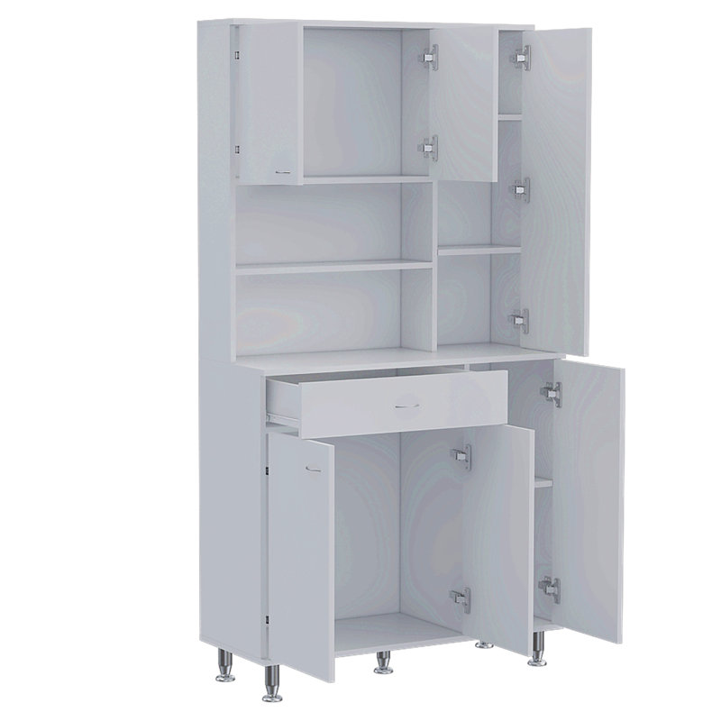 Armoire de cuisine, deux tablettes ouvertes, un tiroir, plusieurs armoires, Blanc