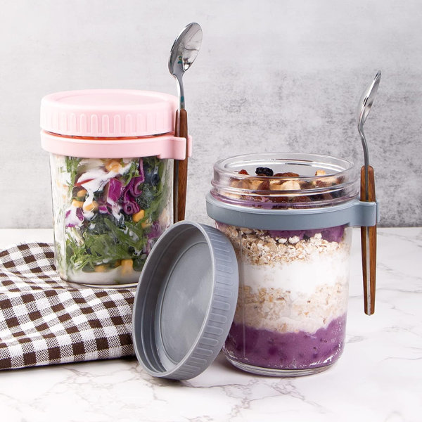 Overnight Oats Containers Glass Mason Jars 10 oz Lid and Spoon Pudding  White