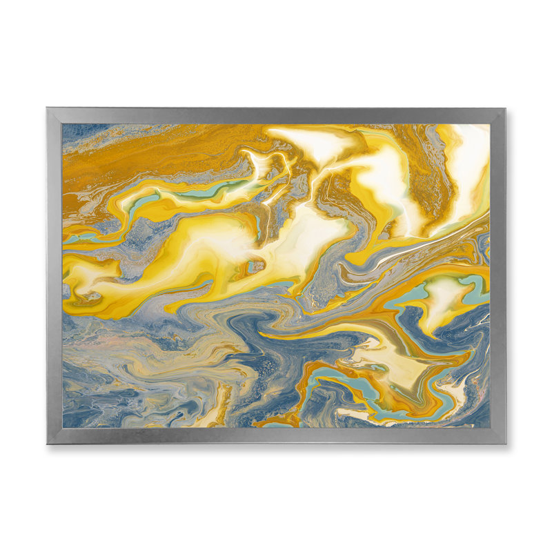 Jaune et bleu vagues de marbre I - peinture sur toile, Cadre photo argenté, H 30 po x l 40 po x P 1,5 po