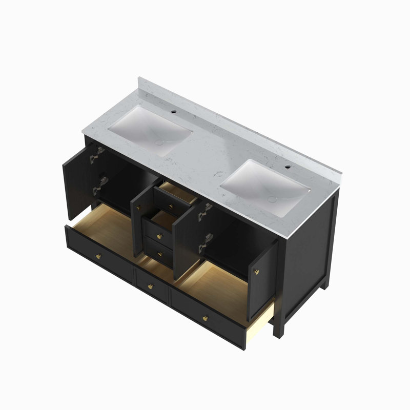 Meuble-lavabo double avec portes et tiroirs, Noir, 59"