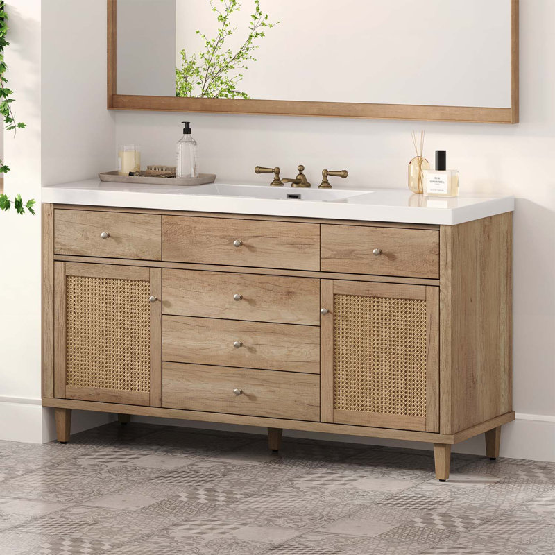 60-Inch Modern Bathroom Vanity with Sink,Large Storage,Soft-Close Drawers,Rattan Doors, Antique Natural