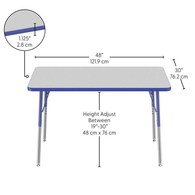 Table rectangulaire d'activité rectangulaire avec pieds réglables, 30" x 48", Gris te bleu, Roulement pivotant standard