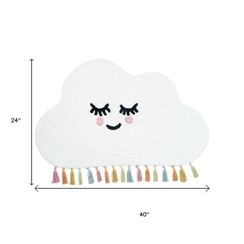 2' X 4' White Cloud Shape Smiley Face Washable Area Rug With Tassels