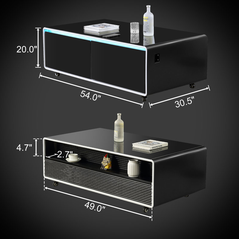 Table basse intelligente Comaneci avec réfrigérateur 135L, haut-parleurs Bluetooth et recharge sans fil, Noir / Noir