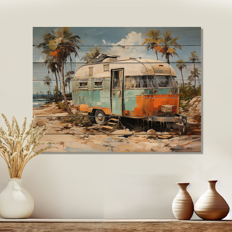 Pop Art Coastal Camping Van - Impression de voyage sur bois, H 30 po x l 40 po