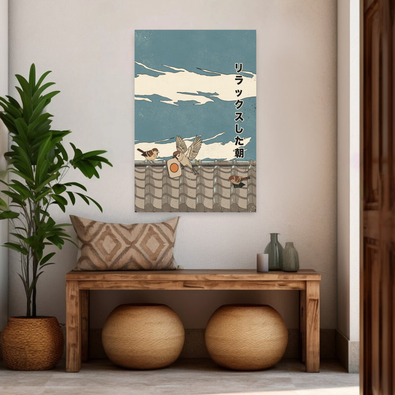 «Relaxed Morning Sparrows Peaceful Retro Traditional Traditional Nature Landscape», art mural, H 48 po x l 32 po