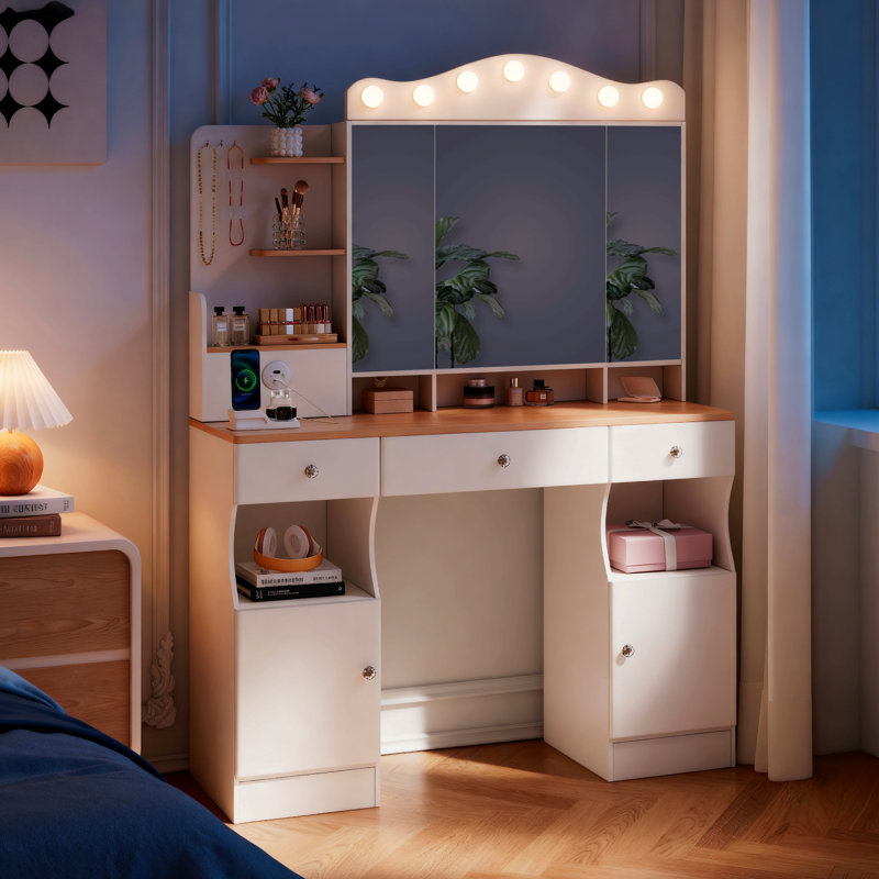 Vanity Desk With Mirror And Lights,Makeup Vanity With  2 Usb Power Strip, Vanity Set With Three Drawers And Two Cabinet, 7 Lights With 3 Lights Colors, Foldable Three-Sided Mirror(White)