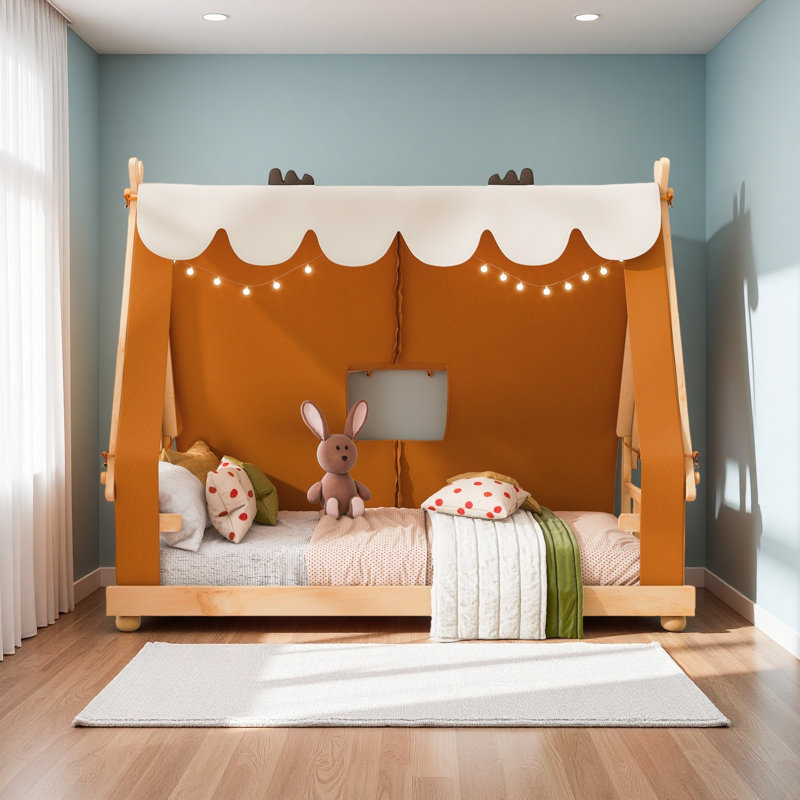 Lit maison avec tente et lumière, Lit simple, Brun