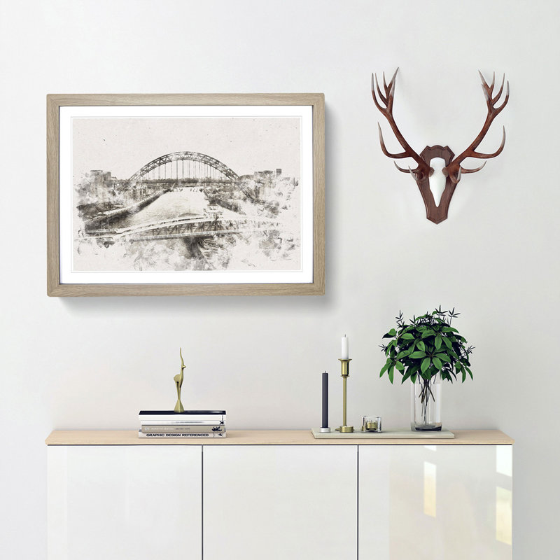 Tyne Bridge Linking Newcastle Watercolour - Framed Print, 35cm H x 50cm W x 2cm D, Oak