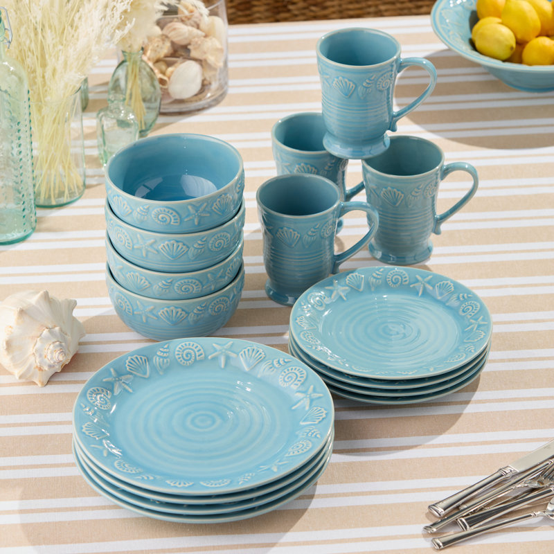 Service de table en grès 16 pièces Coastline Blue, service pour 4 avec coquillages côtiers en relief et étoile de mer, vaisselle bleu marine durable pour une vie côtière détendue, repas quotidiens et repas maison de plage