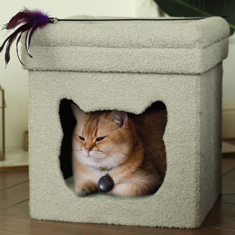Teddy Boucle Cat House, Foldable Kittening Box, Pet Bed L40 W40 H44 cm, Grey