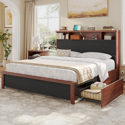 Fluted Design Bed with Bookcase and Drawers