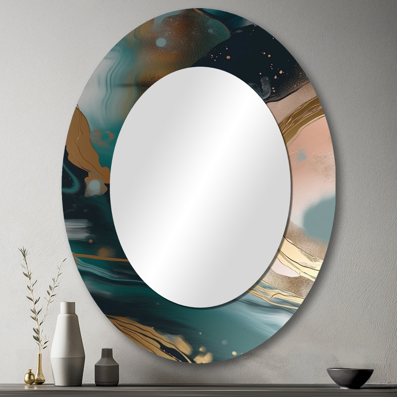 Or et vert abstrait marbre Harmony Swirls I - miroir décoratif ovale abstrait sur métal, 43 po x 33 po