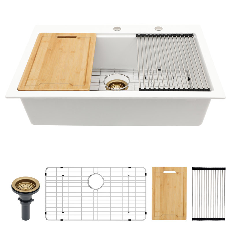 Évier de cuisine en quartz blanc 33 po x 22 po - station de travail encastrée, lisse et livrée avec guide d'installation sans égratignure