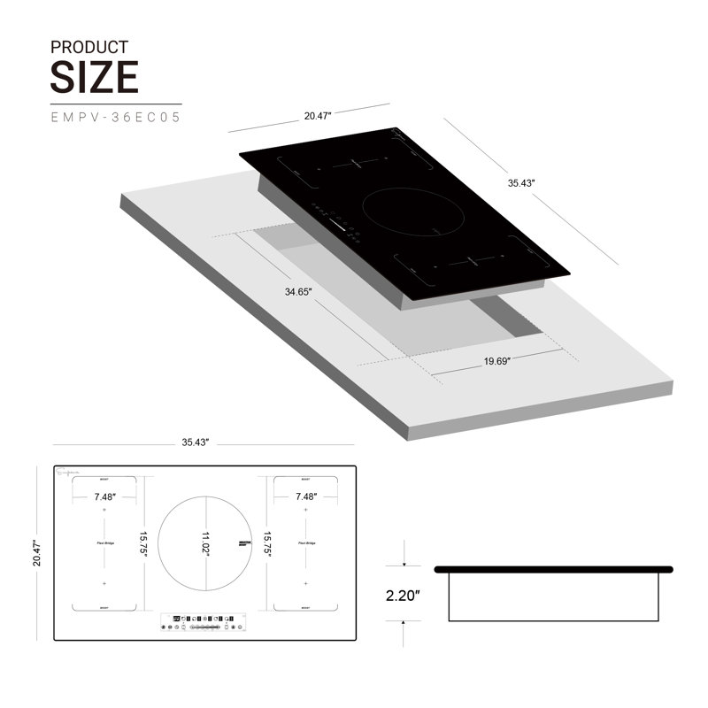 Plaque de cuisson à induction 35,43 po avec 5 brûleurs, plaque de cuisson électrique 1500W-10200W, 2 zones Flexi-Bridge Empava, noir