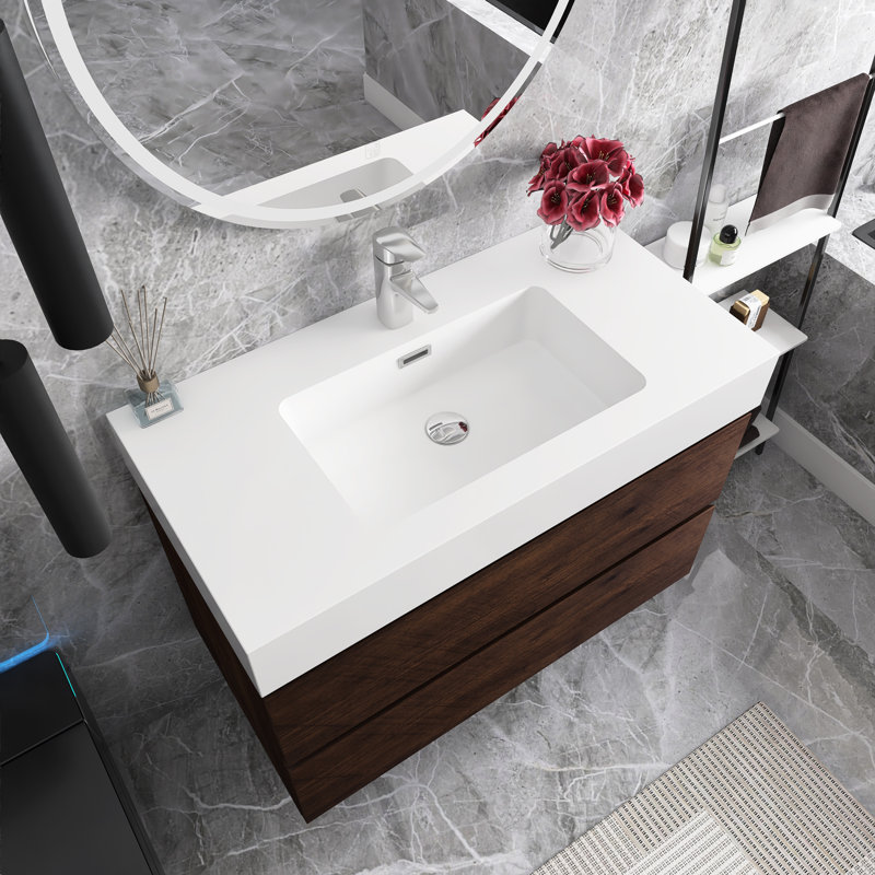 Meuble-lavabo mural simple 36 po avec plateau en résine blanche 36 po, Noyer