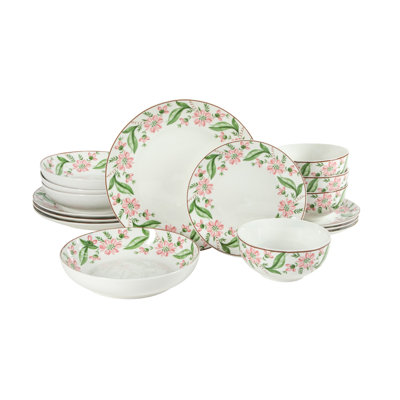 Martha Stewart Plates and Bowls Set, 16 Piece Dinnerware Set for 4, Decorated — Porcelain Dishes, Pasta Bowl, Chip Resistant, Dishwasher and Microwave Safe, Everyday Kitchen Table Setting