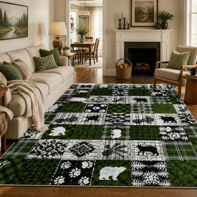 1 pièce de conception rustique en patchwork - animaux de la forêt et motif écossais, tapis intérieur douillet, envers antidérapant, grand tapis de sol mince pour le salon, la chambre à coucher, la cuisine et le bureau pour la maison