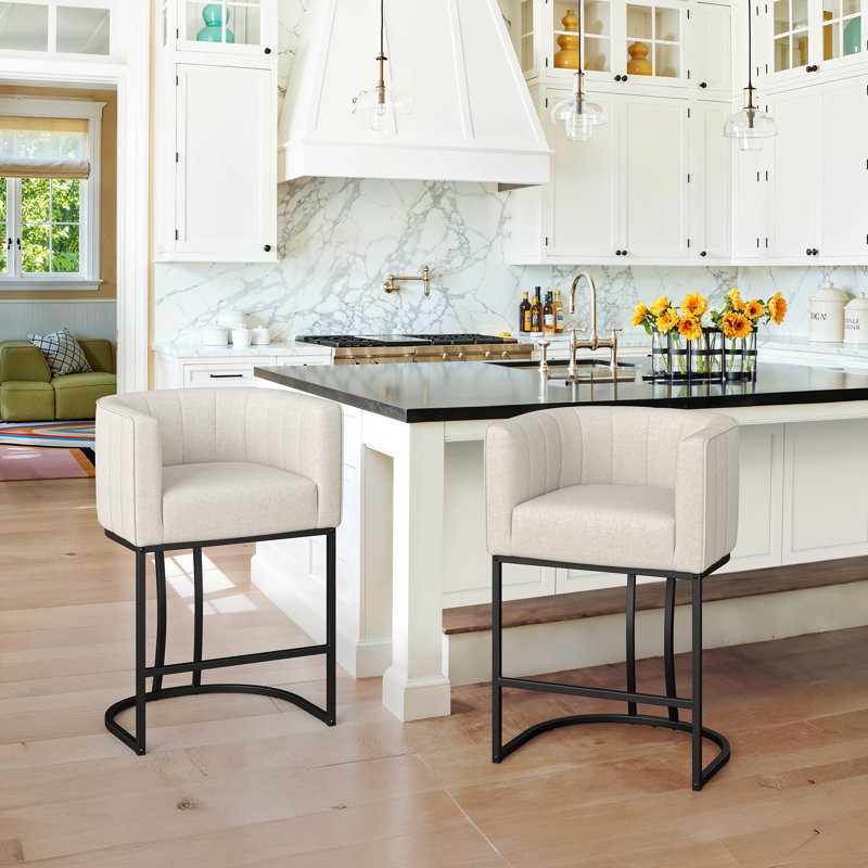 Kuenn 26.4" H Counter Height Bar Stools Set Of 2, Modern Barrel Counter Stools With Backrest And Arms, Metal Legs, Upholstered Accent Barstools For Kitchen Island