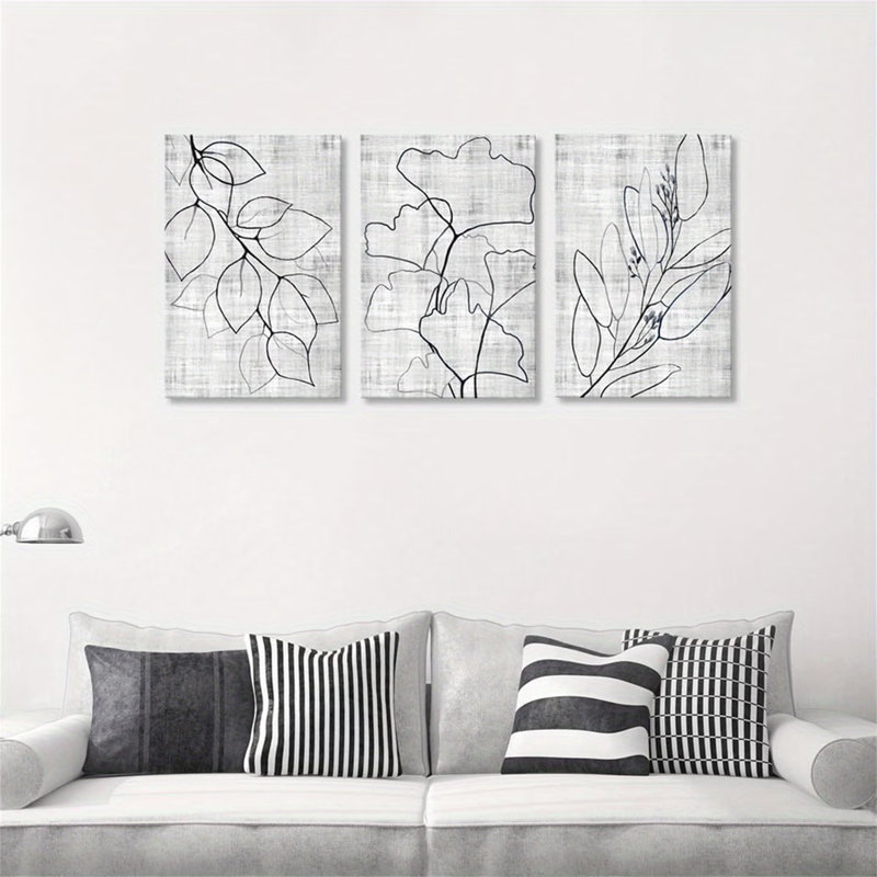 Abstrait noir, blanc et gris, plante, feuille, contour, art mural de style minimaliste moderne, 20 * 30 pouces * 3