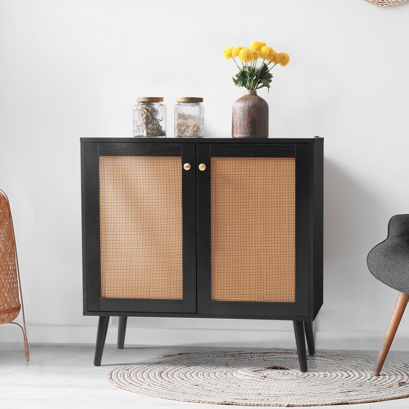 Barthol Accent Storage Cabinet with Rattan Doors, Sideboard Buffet Cabinet, Adjustable Shelves for Living Room, Black
