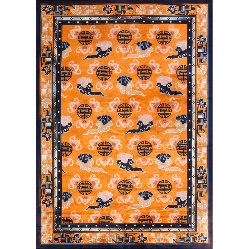 Hand Knotted Pile Yellow / Gold Orange 1960s Wool Vintage Rectangle Rug