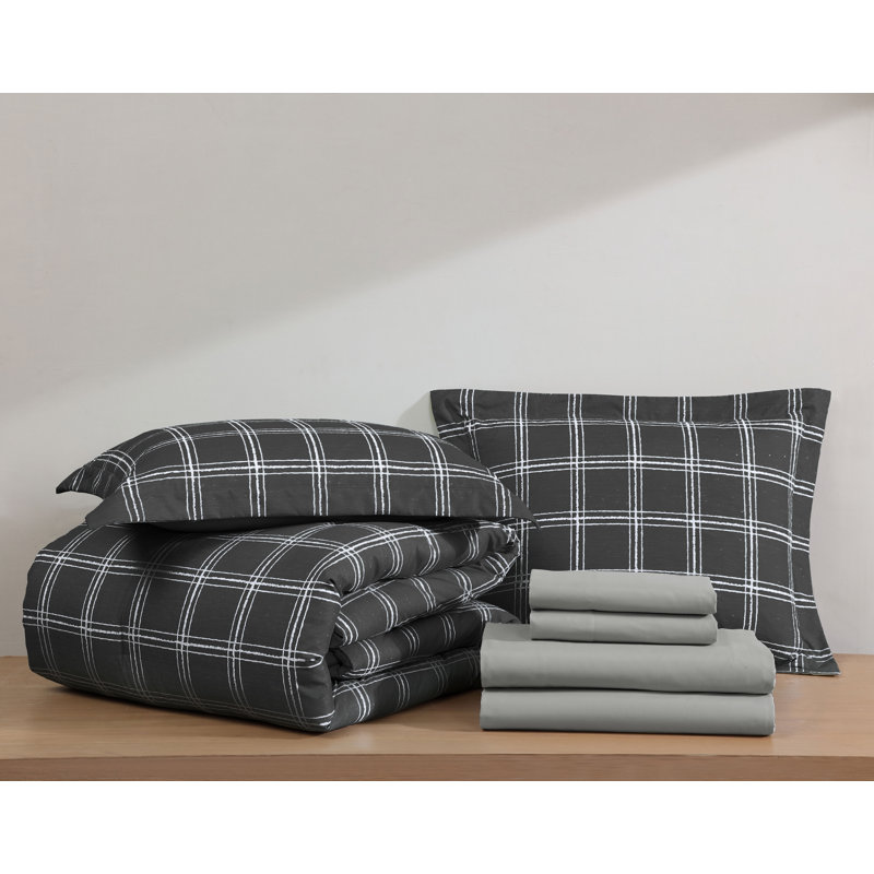 Swift Home Windowpane Plaid 7-Piece Reversible Microfiber Lightweight Bed-In-A-Bag Set, Black