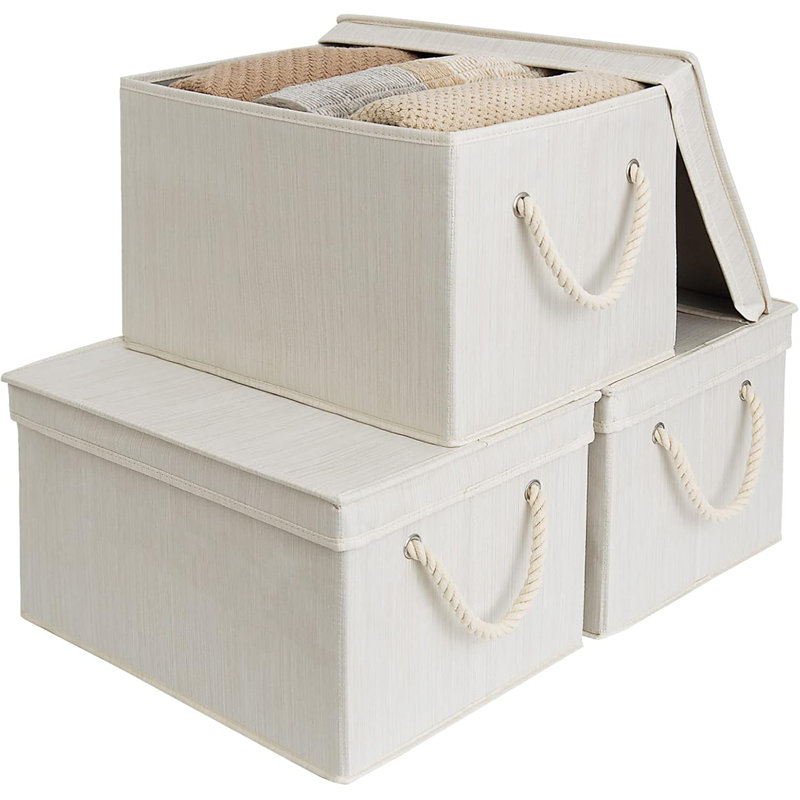 Ensemble de 3 bacs de rangement avec couvercles, boîtes de rangement décoratives avec couvercle et poignées en corde souple
