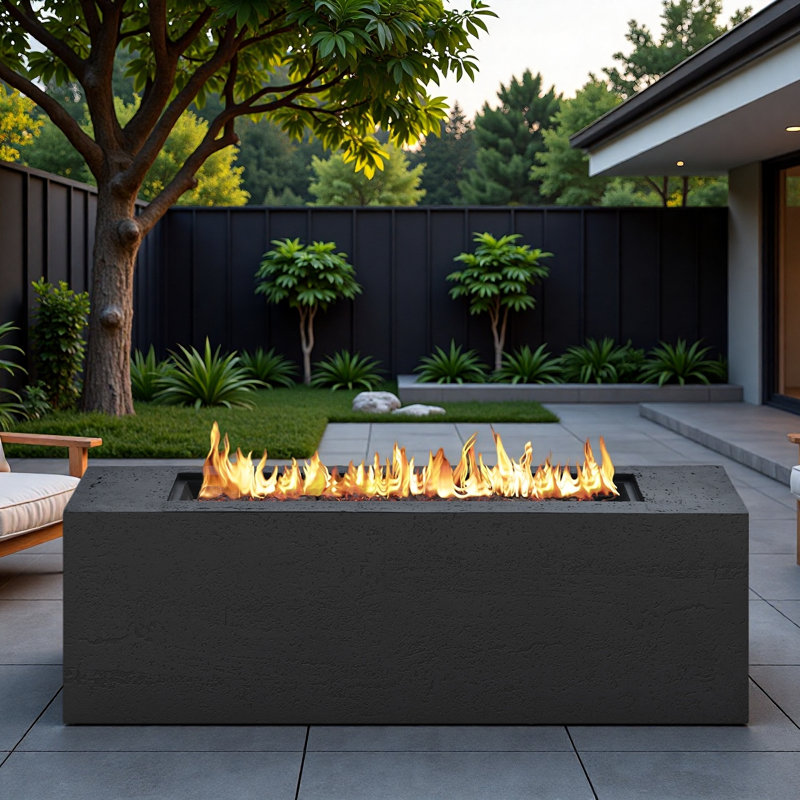 Mgo Propane Outdoor Rectangular Fire Pit With Side Cutout Handles, Steel Burner, Adjustable Flame Control, Lava Rocks And Rain Cover