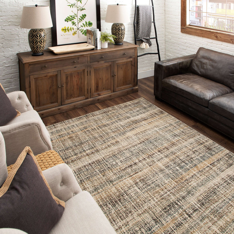 Beige and Taupe Synthetic Stripe Rectangular Area Rug