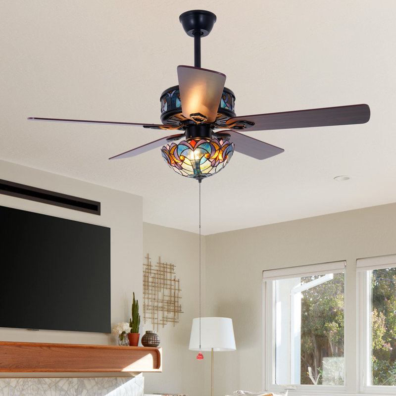 52" Vintage Ceiling Fan With Tiffany Style Stained Glass Shade