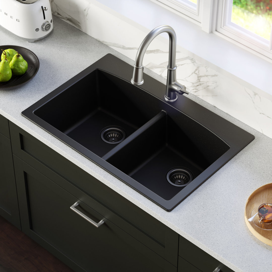 Karran Quartz 33'' X 22'' Double Bowl 50/50 Top Mount Drop-in Kitchen Sink Kit Karran 
