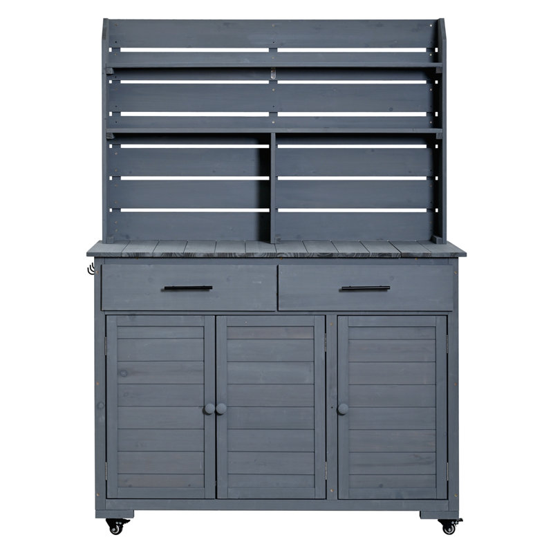 65" H Large Garden Potting Bench with Lockable Wheels and Storage Cabinet, Gray