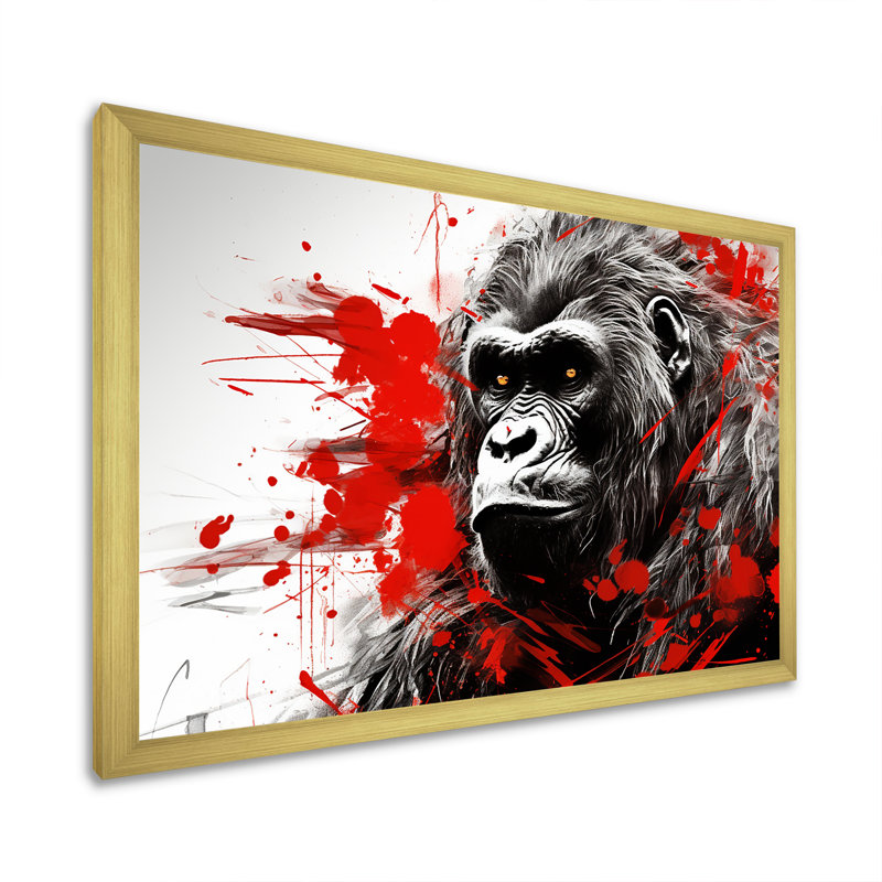 «Red Gorilla Graffiti I» sur toile, Cadre doré simple, H 34 po x l 44 po x P 1,5 po