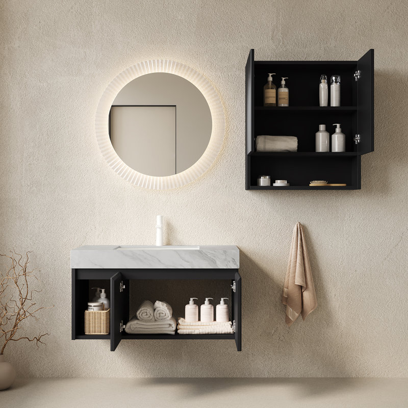 Ensemble de meuble-lavabo flottant 36 po avec armoire de rangement 26 po Flutehaven, Noir, 36 po de largeur, Gris clair