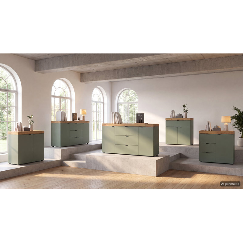 Ruthild Particle Board / Chipboard Standard Accent Cabinet, 80cm H x 160cm L x 37cm D, Natural Wood/Green