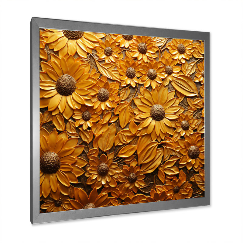 Tournesol doré rayonnant sur toile, H 36 po x l 36 po x P 1,5 po, Cadre simple argenté