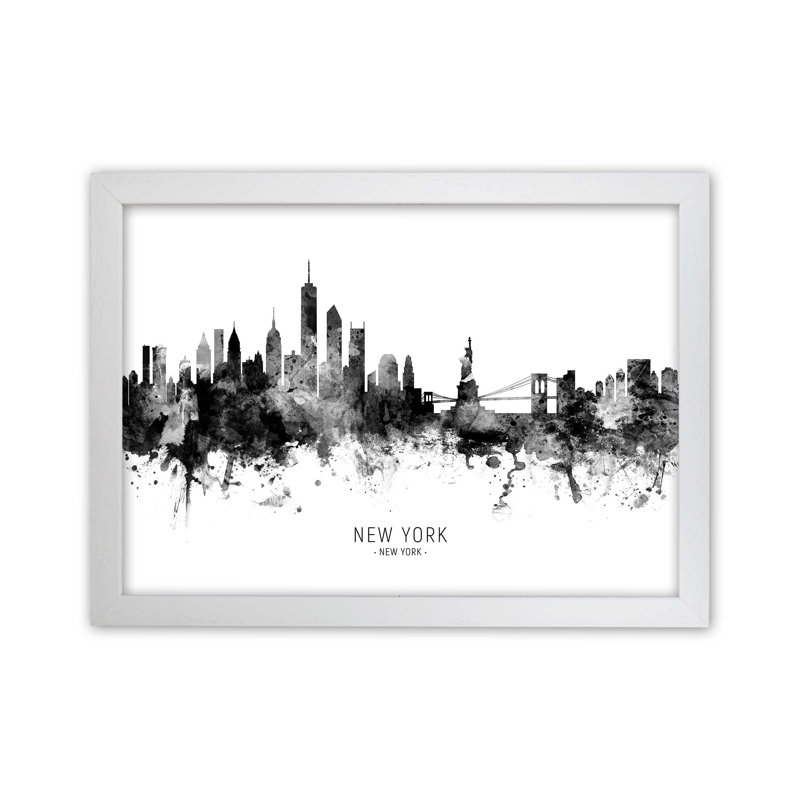 New York New York Skyline Black White City Name by Michael Tompsett - Print, 46cm H x 63cm W x 3cm D, White Framed