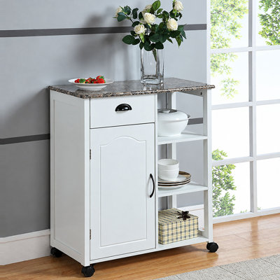 Shavertown 28" Wide Rolling Kitchen Prep Island Cart with Cabinet, Storage Drawer, and Open Side Shelves in White Finish