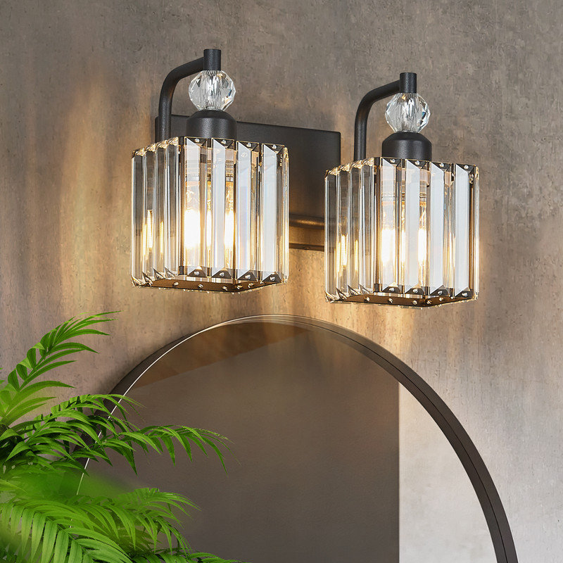 2-Light Black Modern Bathroom Vanity Light Crystal Fixture for Over Mirror, Black, 2 Lights