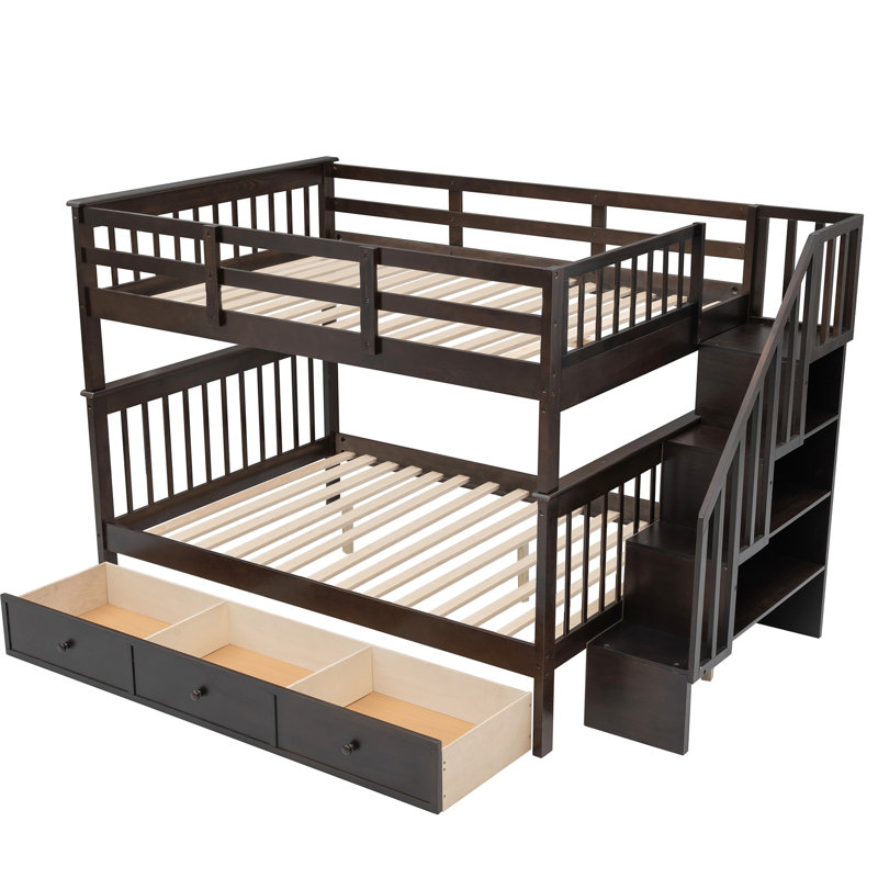 Stairway Bunk Bed For Bedroom, Size, Four Open Shelves Storage, Two Full Size Bunks, Guard Rail, 94.2"L X 59.13"W 63.1"H Bedroom Bed, Drawer And Finish, Sleeping Spaces,