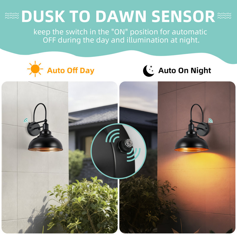 2-Pack Dusk To Dawn Sensor Gooseneck Barn Light - Farmhouse Outdoor Wall Sconce In Black And Gold(Bulb Not Include)