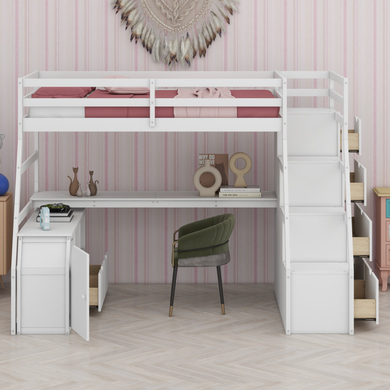 Loft Bed With Drawers, Shelves And Desk, White, Twin