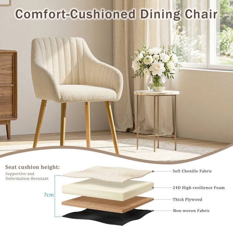 49.5cm H Upholstered Dining Chairs With Wooden Legs, Cream Chenille/Natural, 2