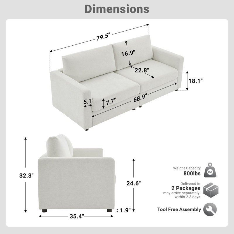 Doyle 79.6" Upholstered Sofa Chenille Modern Couch, White