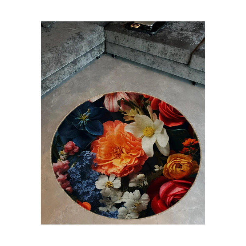 Woven Base Modern Decorative Carpet With Colorful Flower Details, Round 2'8"