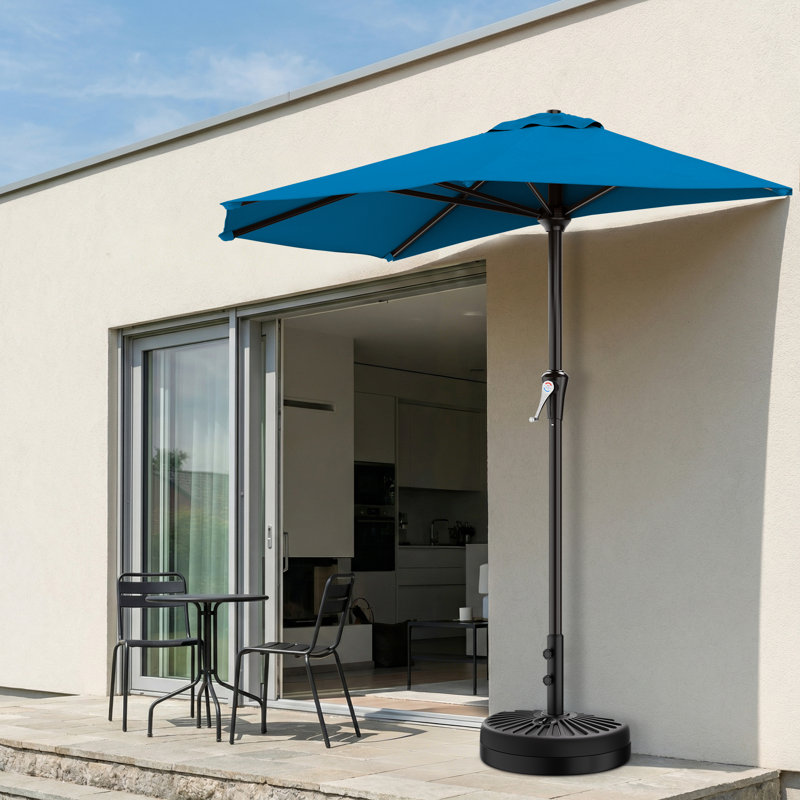 Parasol de patio semi-latéral en acier de 9 pi avec système de levage à manivelle, 5 nervures robustes imperméables, parasol de table de patio UPF 50+, tissu de qualité supérieure, protection UV, bleu royal