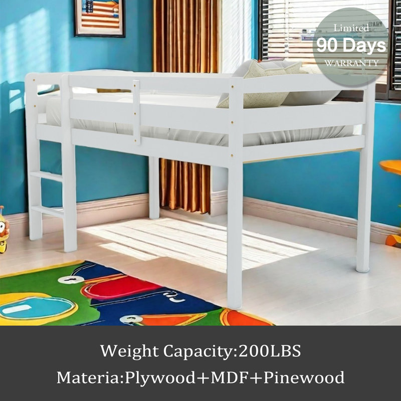 Twin Wood Loft Bed Low Loft Beds With Ladder,Twin, White