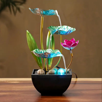 3-Tier USB-Powered Metal Desktop Fountain With Colorful Stones & Pink Flowers - Submersible Pump, Easy To Clean, Relaxing Office Desk Waterfall & Home Decor, No Manual Cleaning Required, Water Fountain Indoor Decoration, Elegant Ambiance, Sturdy Construct
